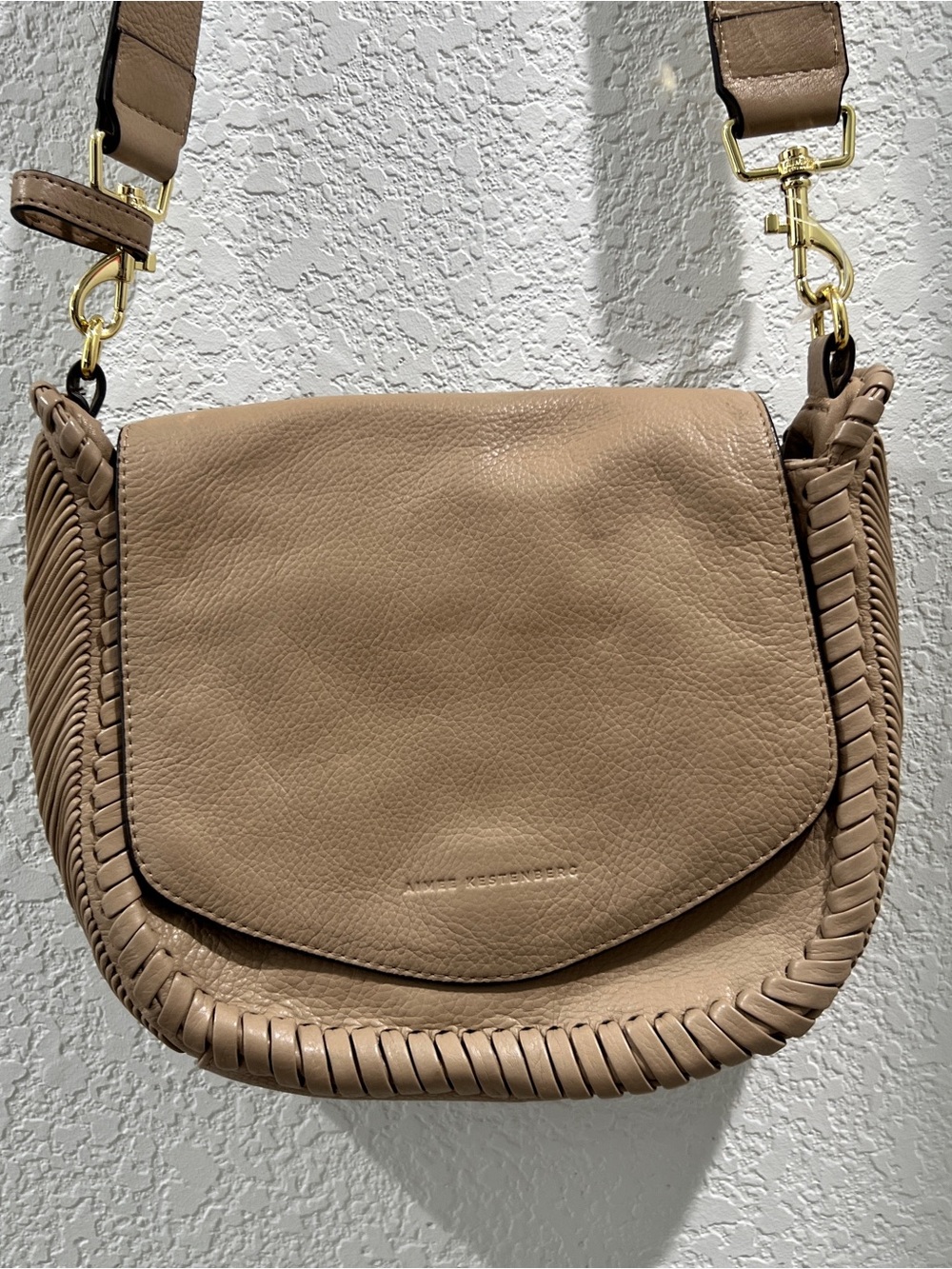 Aimee Kestenberg Adorable Taupe Braided-Trim Leather Crossbody Purse